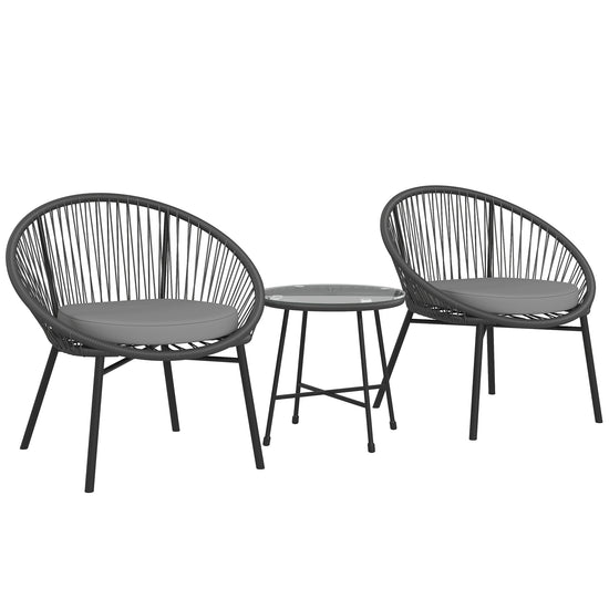 Outsunny 3 Piece Wicker Patio Furniture Set with Soft Seat Cushions, Tempered Glass Tabletop, Bistro Set for Garden, Black | The Comfy Couch Canada