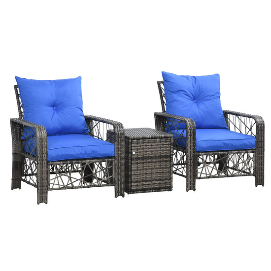 Outsunny 3 PCS Patio Wicker Coffee Table Set Bistro Conversation Furniture with Cushion & Storage Function Patio Yard Porch Blue | The Comfy Couch Canada