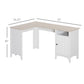 HOMCOM L-Shaped Desk for Home Office Spacious Corner Computer Desk with Shelf & Cabinet Modern Workstation in Natural Wood & White | The Comfy Couch Canada