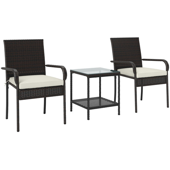 Outsunny 3 Piece Wicker Patio Furniture Set with Stackable Chairs, Washable Cushion, Tempered Glass Top, for Backyard, Brown | The Comfy Couch Canada