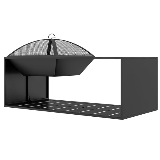 Outsunny Fire Pit Coffee Table with Storage Shelf, Wood-burning Firepit with Spark Screen and Poker, Black | The Comfy Couch Canada