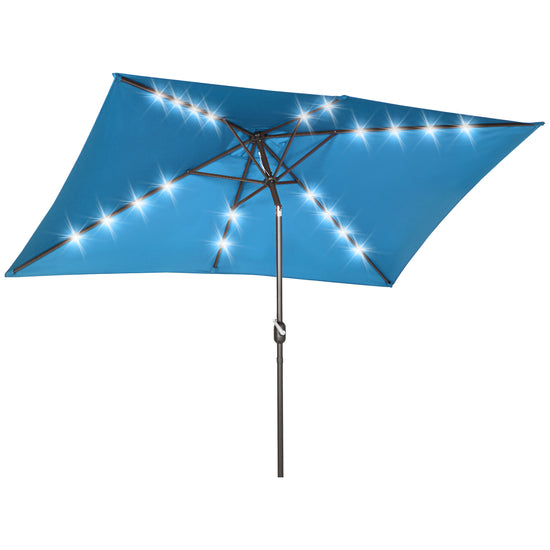 Outsunny 6.5x10ft Patio Umbrella Rectangle Solar Powered Tilt Aluminum Outdoor Market Parasol with LEDs Crank (Turquoise) | The Comfy Couch Canada