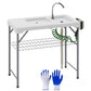 Outsunny Folding Fish Cleaning Table with Sinks, Camping Sink with Faucet Drainage Hose Sprayer Shelf Drawer Storage Basket, Outdoor Sink Station for Beach Patio Picnic, White | The Comfy Couch Canada