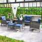 Outsunny 6 Piece Patio Furniture Set with Patio Chairs, Ottomans, Sofa, Glass Top Table and Cushions, Wicker Rattan Outdoor Furniture Set for Backyard, Porch, Navy Blue | The Comfy Couch Canada