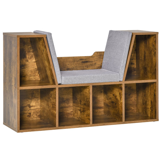 HOMCOM 6-Cubby Bookcase with Seat Cushion, Cube Storage Shelf with Reading Nook for Home Office, Study, Rustic Brown | The Comfy Couch Canada