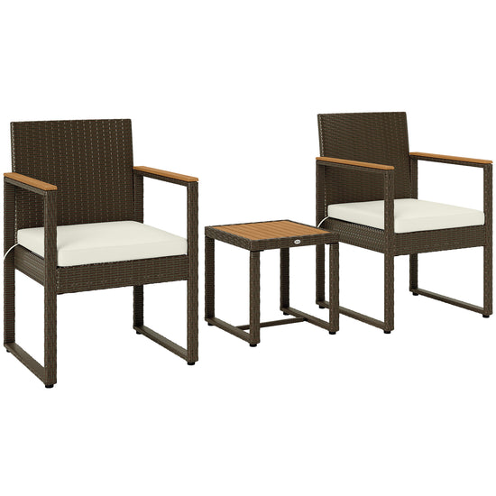 Outsunny 3 Pieces Wicker Patio Furniture Set, Rattan Bistro Set w/ Acacia Wood Table & Removable Cushions, White | The Comfy Couch Canada