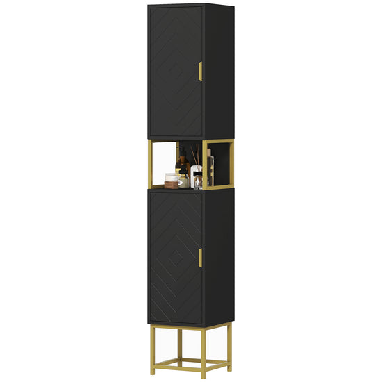 kleankin Tall Bathroom Storage Cabinet, Modern Narrow Bathroom Cabinet with Diamond Chevron Pattern and Adjustable Shelf, Black