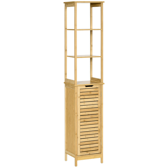 kleankin Slender Bathroom Floor Cabinet: 3 Shelves, Cupboard & Linen Tower Storage in Natural Wooden Finish.